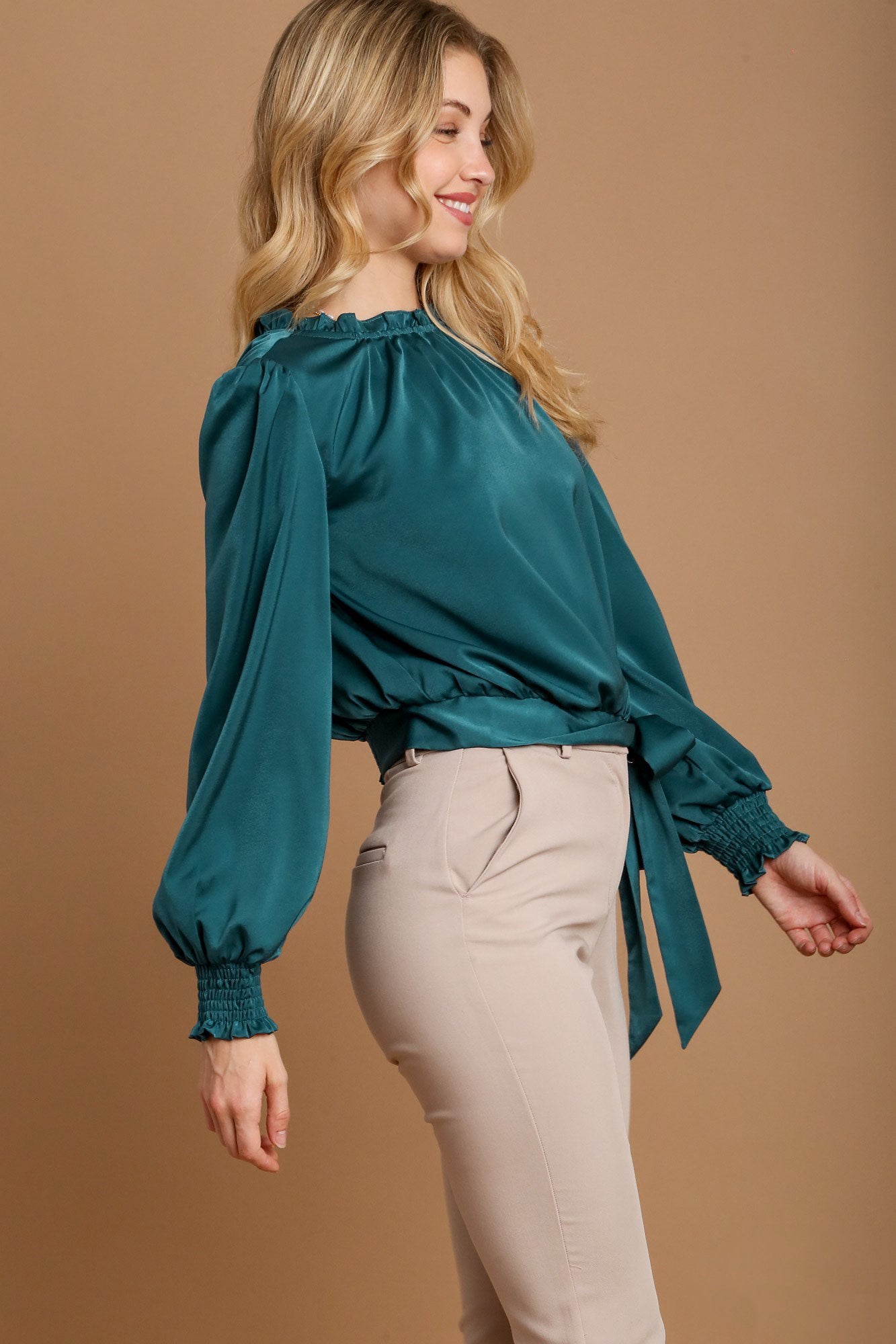 Umgee USA Satin Blouse Frill Tied Hem Long Sleeve Ruffle Mock Neck