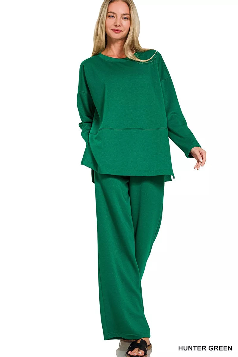 Zenana Womens Outfit Set Dark Green Scuba Side Slit Top and Pants