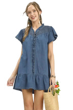 Umgee Ruffled Washed Denim Dress - Comfortable 100% Cotton Casual Dress with Slight Stretch and Classic Vintage Wash