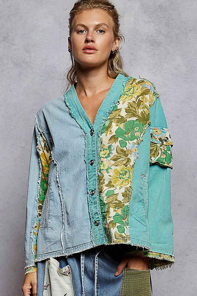 POL Button Down Floral V-Neck Long Sleeve Raw Hem Top DENIM TEAL 9417674b-4950-40c3-a17f-0685e3799ee1-Max-Origin Trendsi