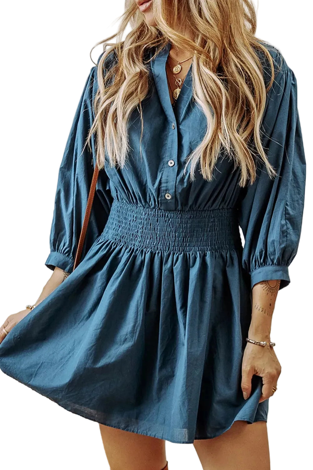 Smocked Button Front Mini Dress
