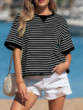 Striped Ribbed Patchwork Seam Detail Half-Sleeve T-Shirt