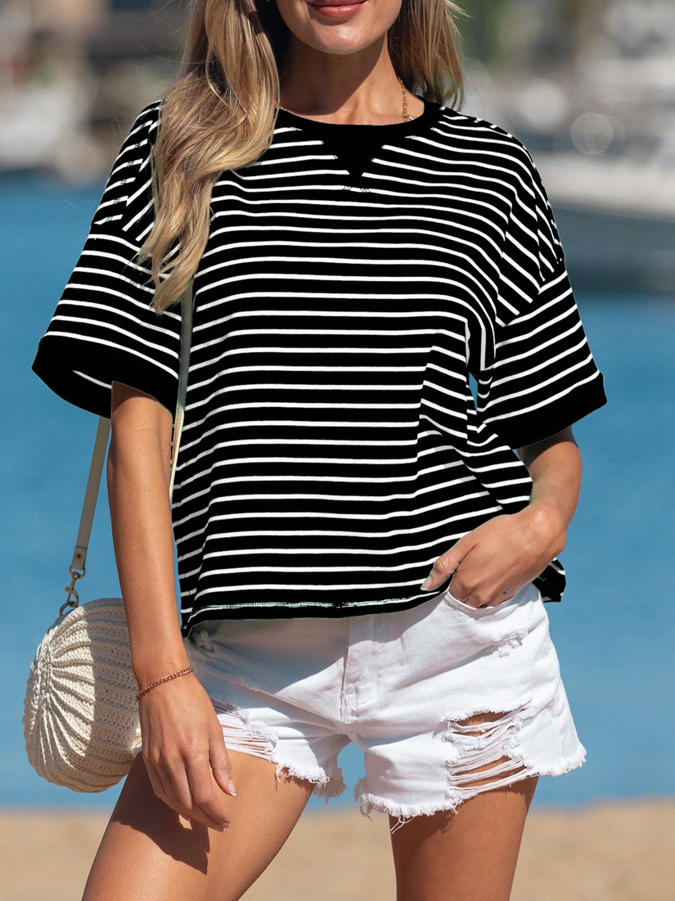 Striped Ribbed Patchwork Seam Detail Half-Sleeve T-Shirt