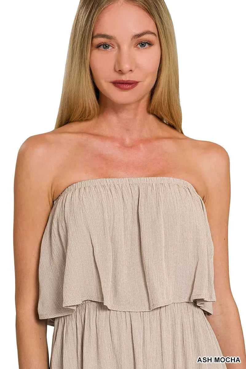 Zenana Woven Crinkle Strapless Maxi Dress