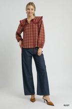 Umgee Women's Blouse Rusty Plaid Ruffle Collar Long Sleeve Top 942476ea-da08-40d6-9a17-c2a36ca32ed4-Max-Origin Trendsi