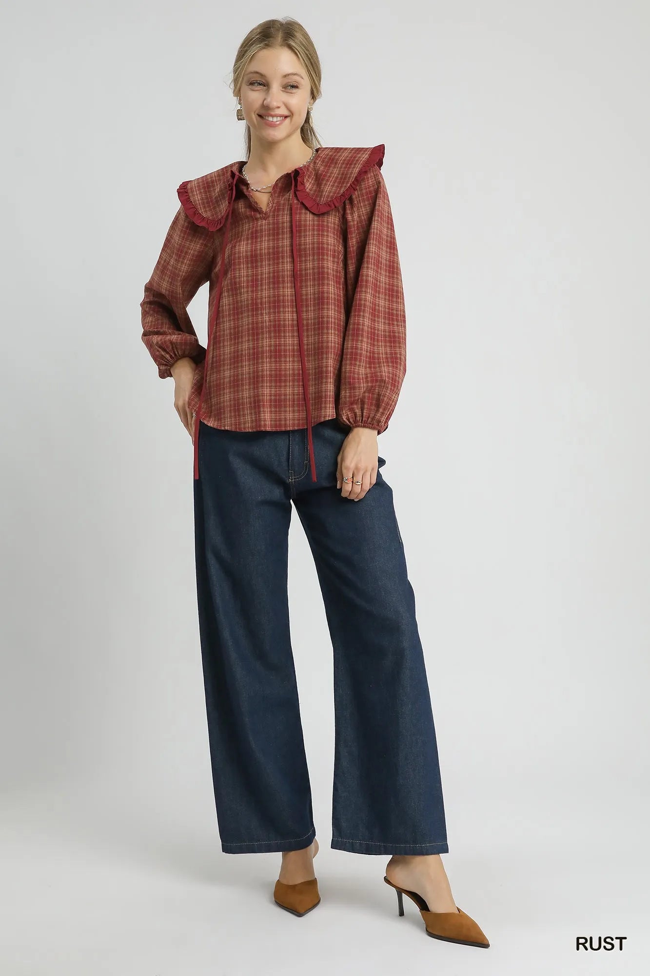 Umgee Women's Blouse Rusty Plaid Ruffle Collar Long Sleeve Top 942476ea-da08-40d6-9a17-c2a36ca32ed4-Max-Origin Trendsi