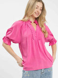 Umgee Linen Blouse Rose Scalloped Ruffle Neck Top Short Puff Sleeves PEONY-UMG 94259b48-751c-462a-aad4-a888db849743-Max-Origin Trendsi