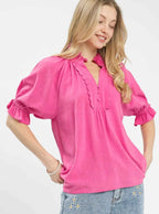 Umgee Linen Blouse Rose Scalloped Ruffle Neck Top Short Puff Sleeves PEONY-UMG 94259b48-751c-462a-aad4-a888db849743-Max-Origin Trendsi