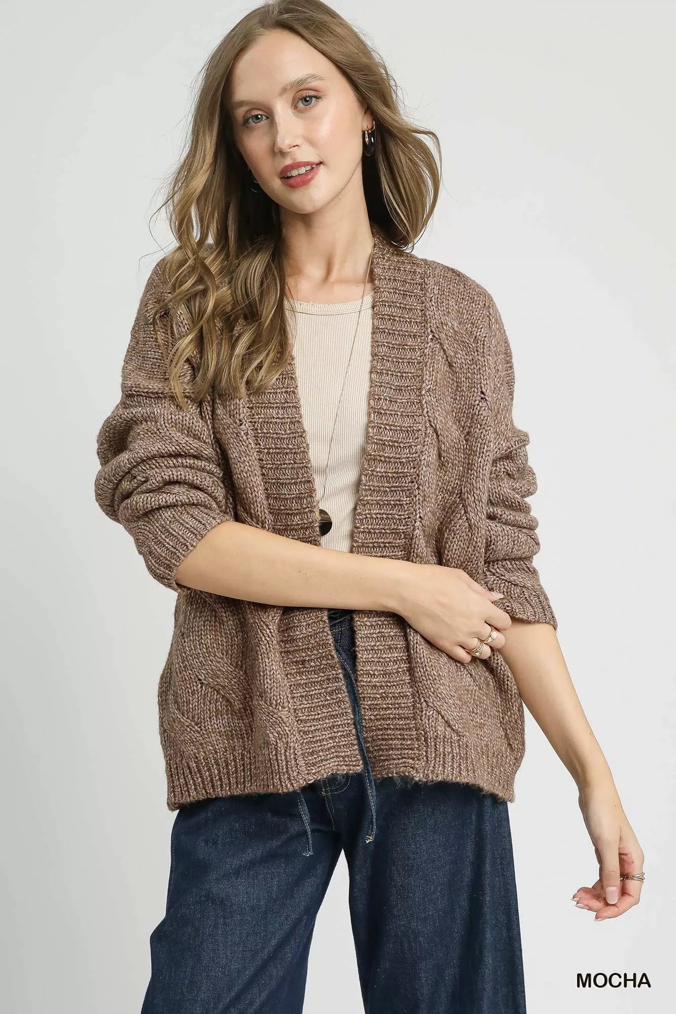 Umgee Womens Cardigan Chunky Cable Knit Mocha Woolen Knit Open Front 94283c6b-1668-4891-9acb-b0ba96e6b2ea-Max-Origin Trendsi