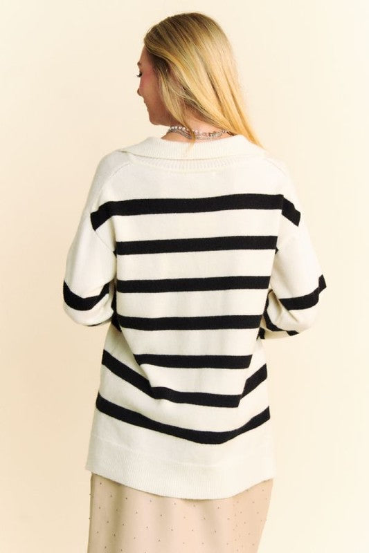 Davi & Dani Women Sweater Striped Side Slit Johnny Collar Long Sleeve 942c2389-4e46-481e-b3cc-67a5252ef306-Max Trendsi