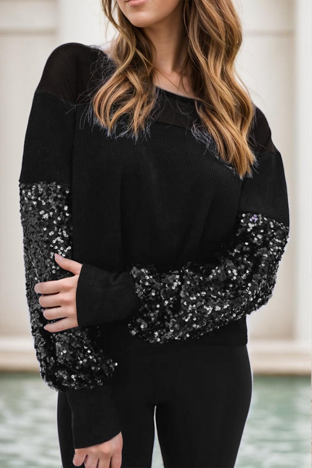 Sequin Blouse Black Boat Neck Long Sleeve Semi-sheer Top Black 943877da-5565-4a40-9181-7cb3c4211518-Max Trendsi