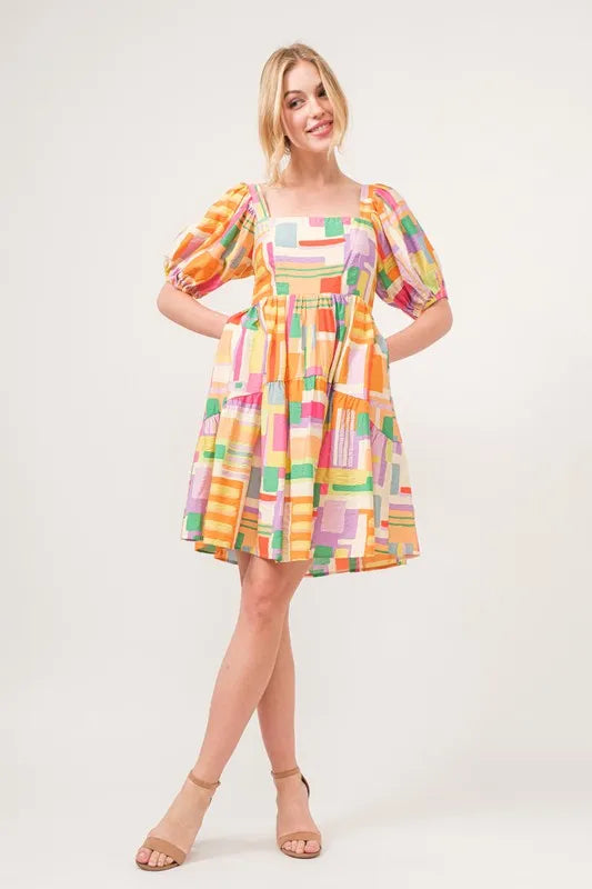 And The Why Mini Dress Geo Yellow Colorful Printed Square Neck Puff Sleeve 944eba52f51048ff93cc8620addd2dd1-Max-Origin Trendsi