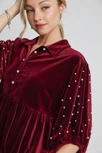 Umgee USA Pearl Babydoll Blouse Burgundy Women Half Sleeve Velvet Ruffle 944ef5c2-1f82-4143-be97-4c1b3394bd49-Max Trendsi
