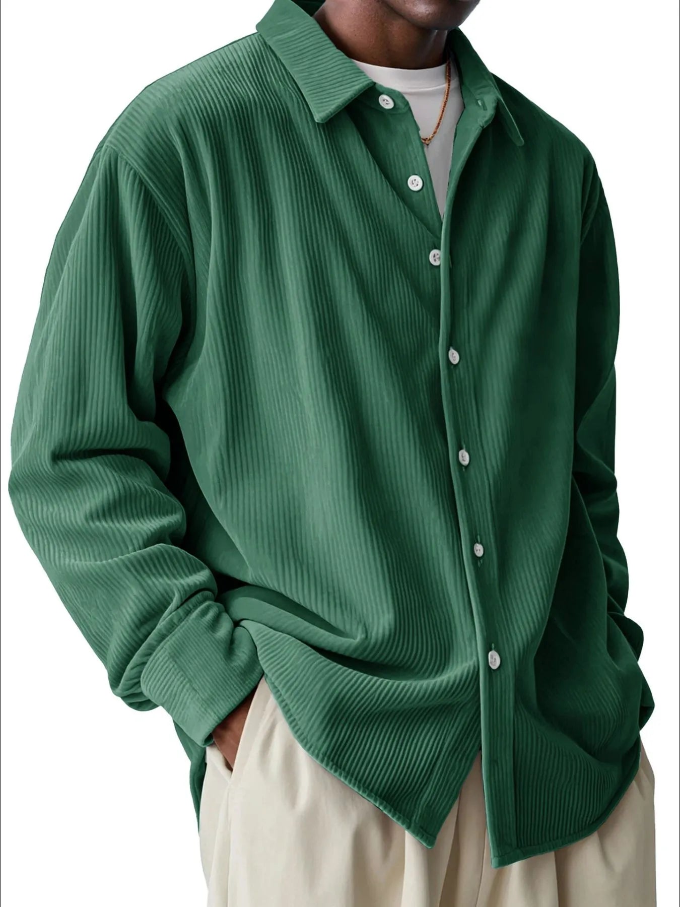 Men's Corduroy Shirt Textured Buttoned Long Sleeve Ribbed Oversized Top S-4XL Green 945aa69f-90bf-4144-a36f-5ea6ac7d64c7-Max-Origin Trendsi