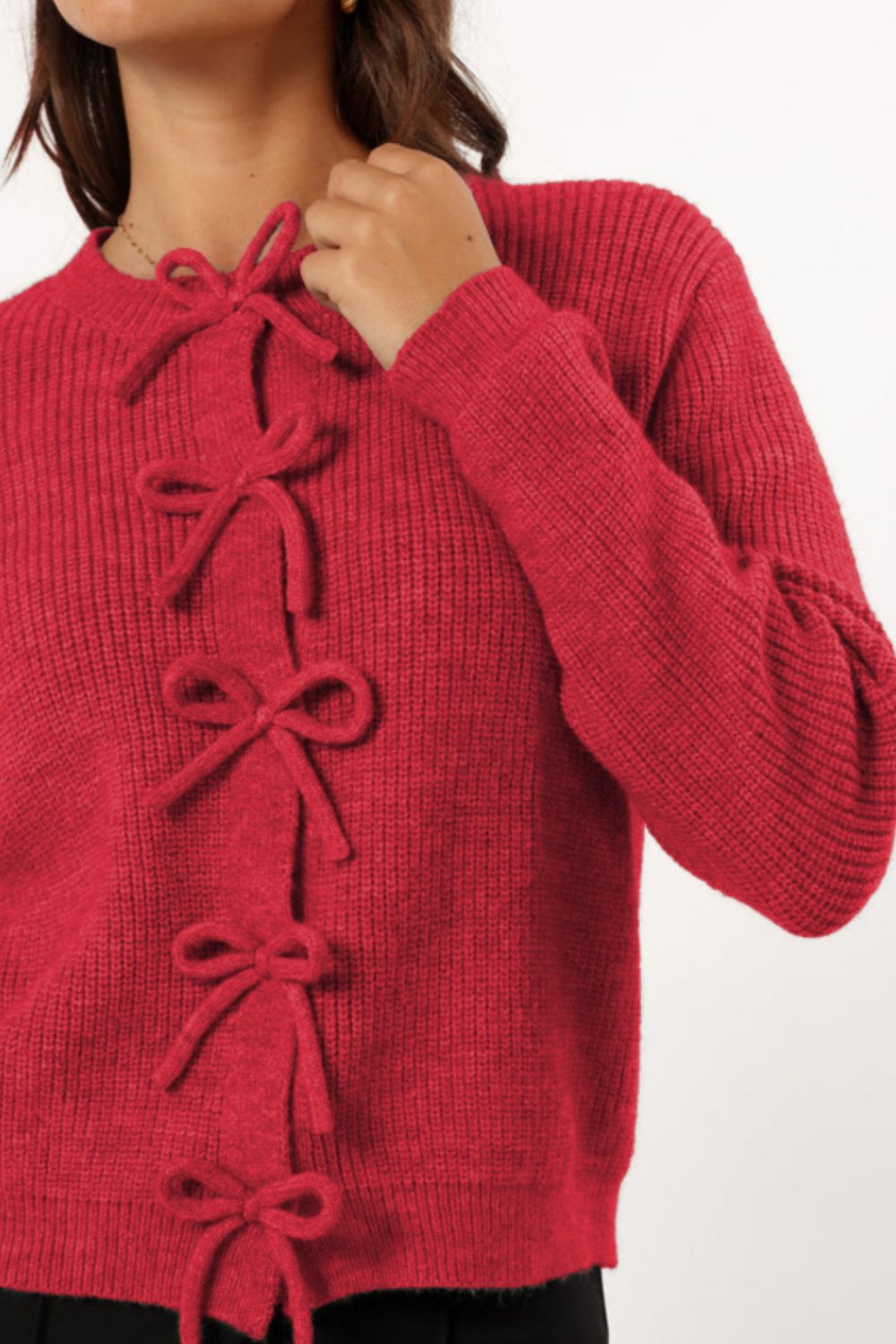 Women's Cardigan with Bow Tie Front Deep Red Knit Long Sleeve 9461a7b9-1cf4-4614-a5ba-fed29bf6356f-Max Trendsi