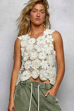 POL Round Neck Floral Crochet Sleeveless Cropped Top
