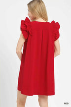 Umgee Shift Dress Red Seersucker Ruffle Short Sleeve 946de80c-b15c-480e-9836-8f4742eedd98-Max-Origin Trendsi