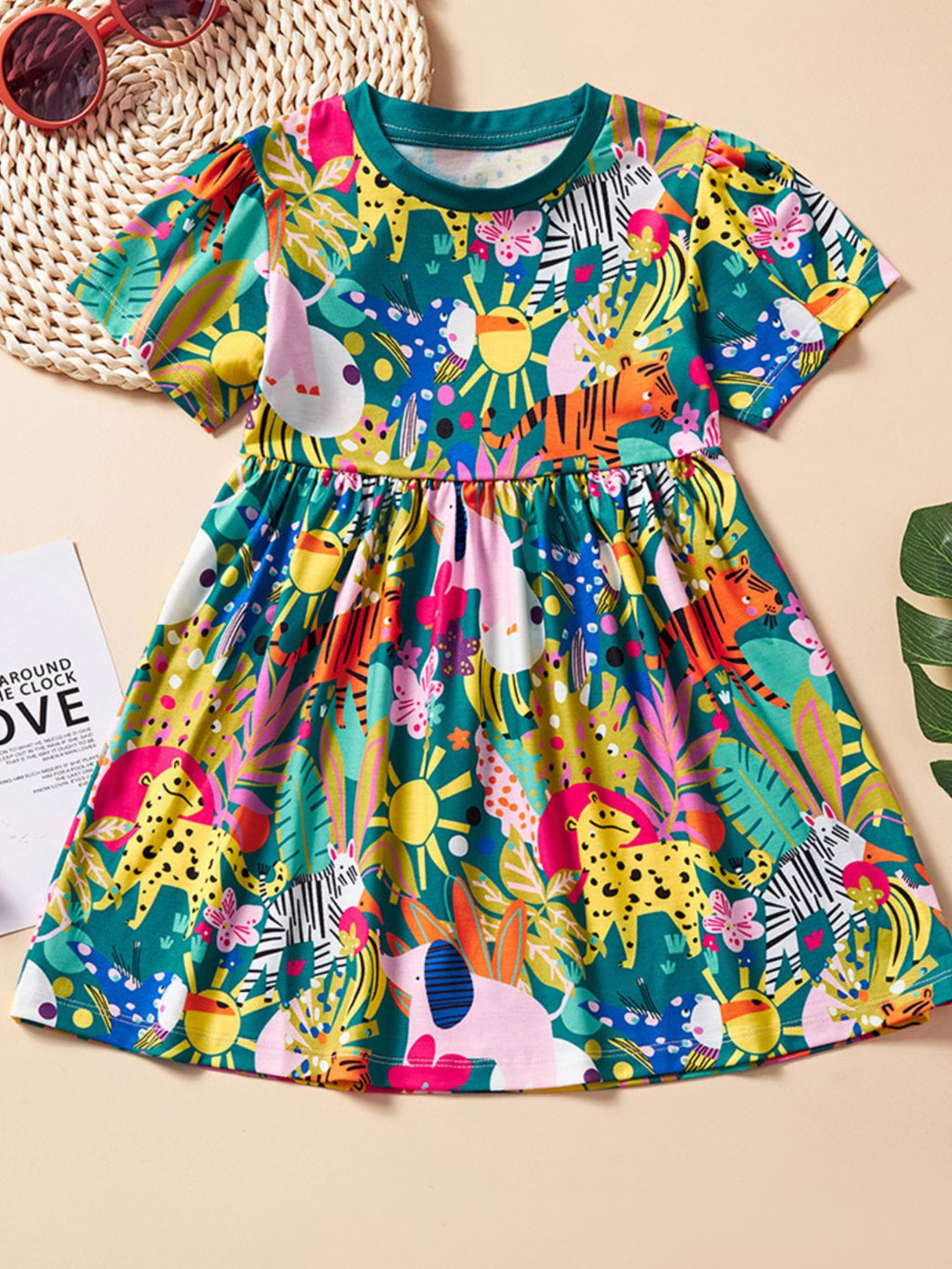 Children's Printed Short Sleeve Dress with Pockets, 100% Polyester, Machine Washable
