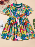 Children's Printed Short Sleeve Dress with Pockets, 100% Polyester, Machine Washable