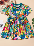 Children's Printed Short Sleeve Dress with Pockets, 100% Polyester, Machine Washable