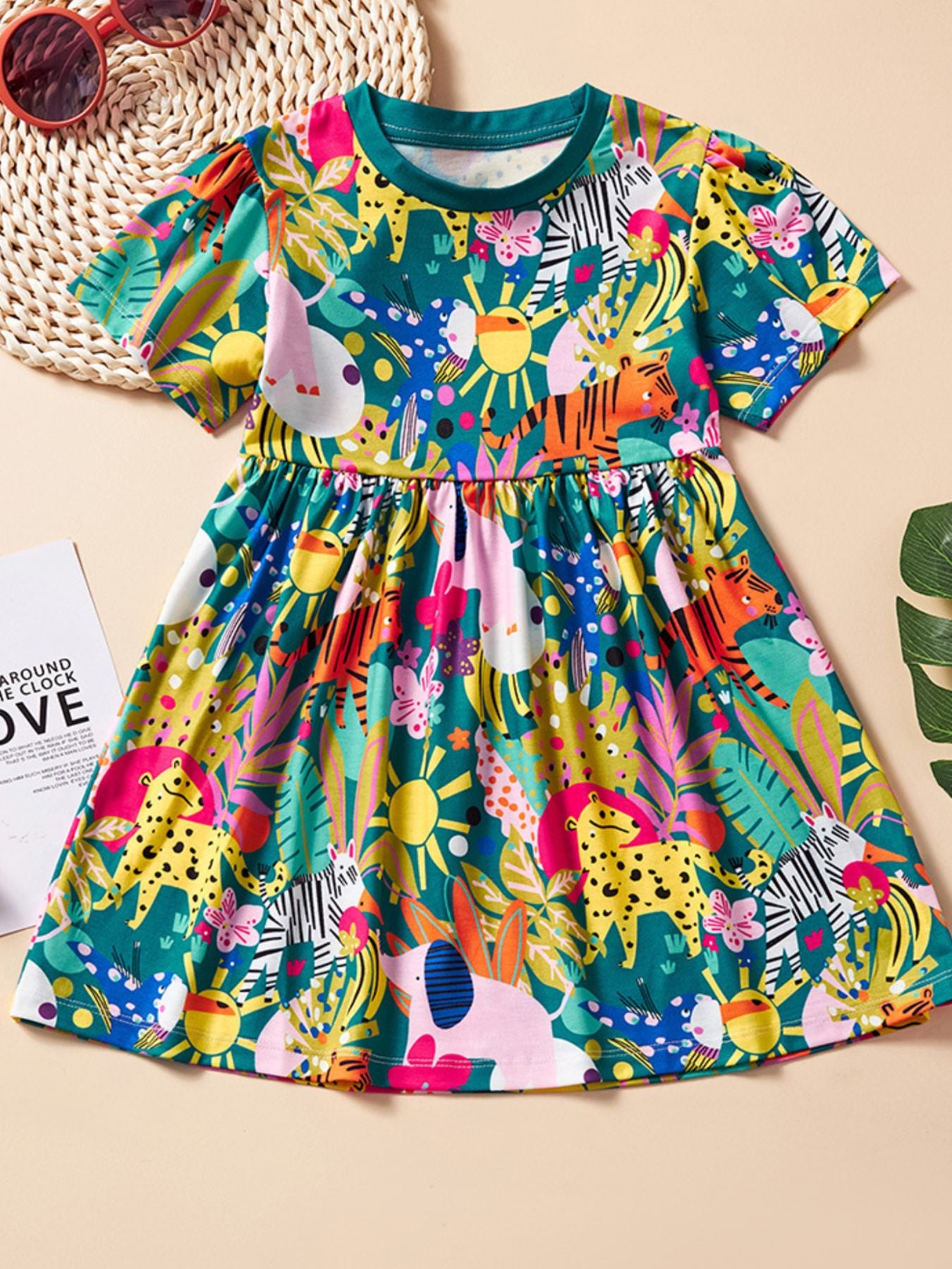 Children's Printed Short Sleeve Dress with Pockets, 100% Polyester, Machine Washable