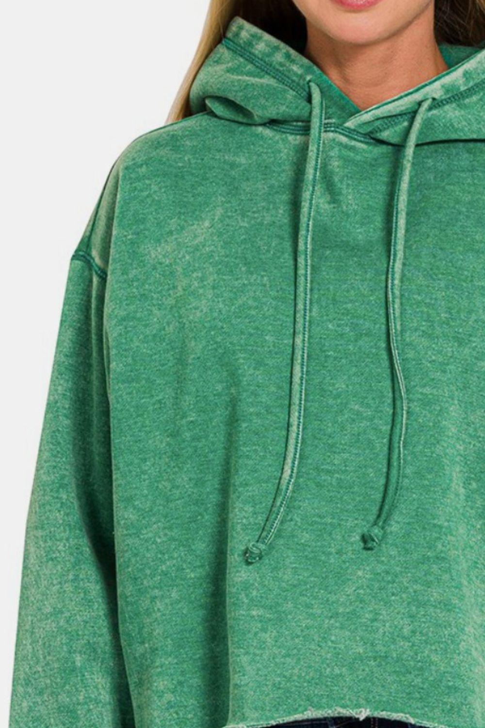 Zenana Cropped Hoodie Forest Green Hooded Acid Wash Fleece Top