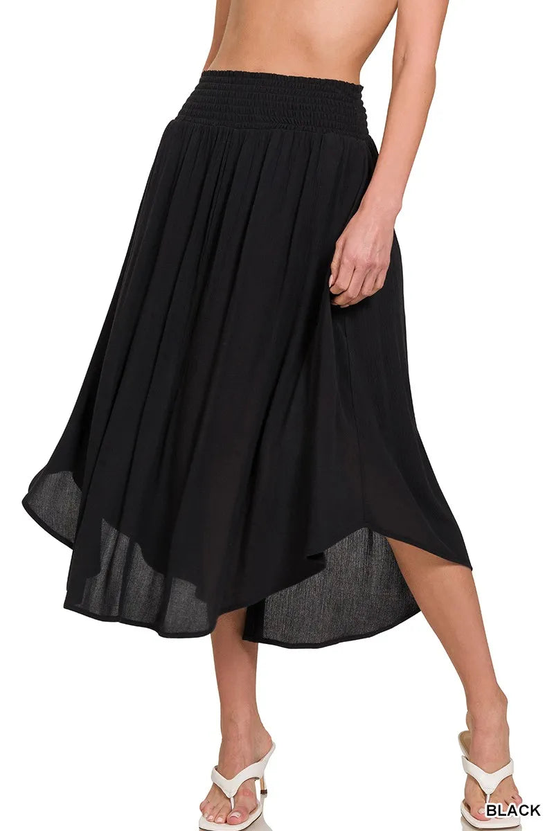 Zenana Midi Skirt Black High-Low Woven Crinkle Smocked Waist With Pockets BLACK 9486949042254812a7732f2dae67bcb5-Max-Origin Trendsi