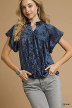 Umgee Women's Blouse Velvet Pleated Denim Blue Crushed Short Sleeve Top DENIM 948d763d-06e3-44a8-88a7-a2c82c7691e4-Max-Origin Trendsi