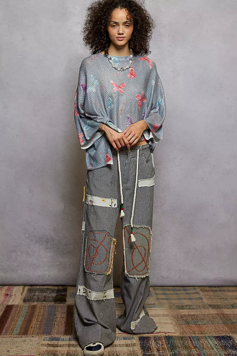 POL Butterflies Knit Top Gray Round Neck with Outseam Rolling Edge 949382fc-ff69-4e1e-8592-8348ef47cd9d-Max-Origin Trendsi