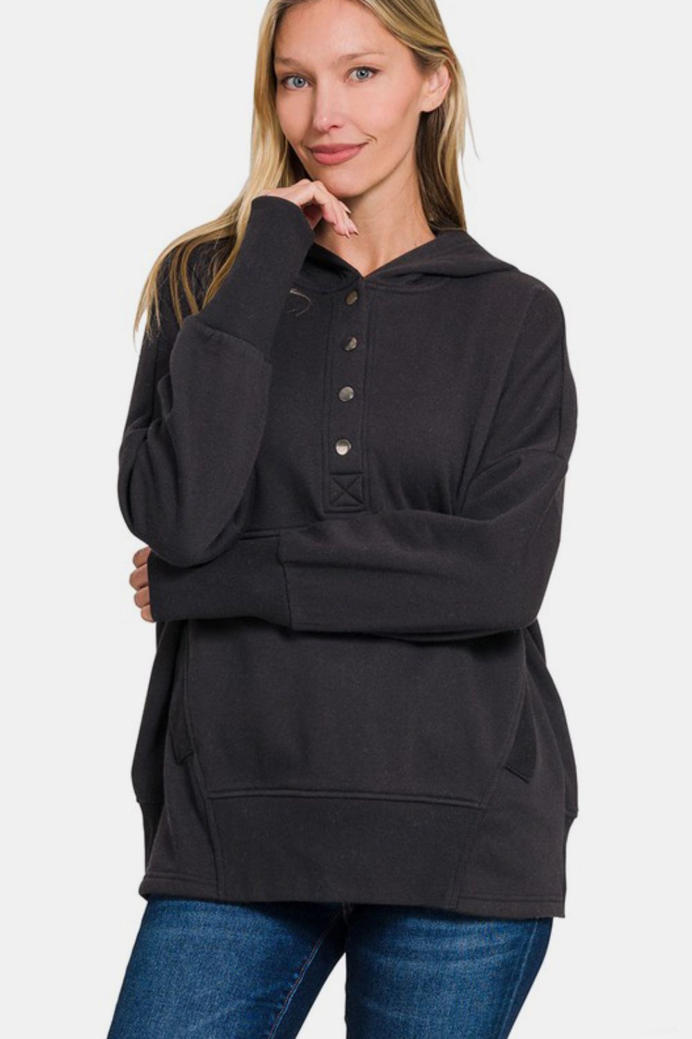 Zenana Hoodie Black Snap Long Sleeve Cotton Blend Kangaroo Pocket Top