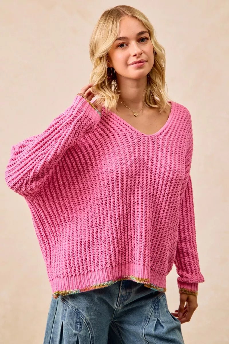 BiBi Womens V-Neck Sweater Pink with Colorful Trim 94ac332aed144c04956ce429712c3ad1-Max-Origin Trendsi