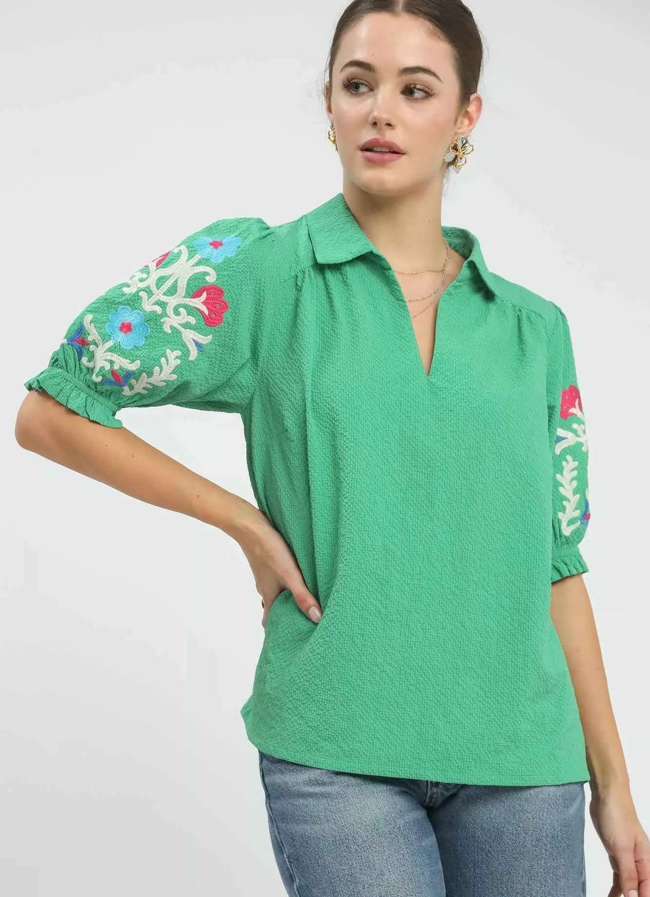 Umgee Seersucker Embroidered Sleeve Blouse