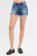 RISEN Denim Shorts Women's Low Rise Frayed Raw Hem Dark Wash 94c72e601a104aa3a427622b73e6227a-Max-Origin Trendsi