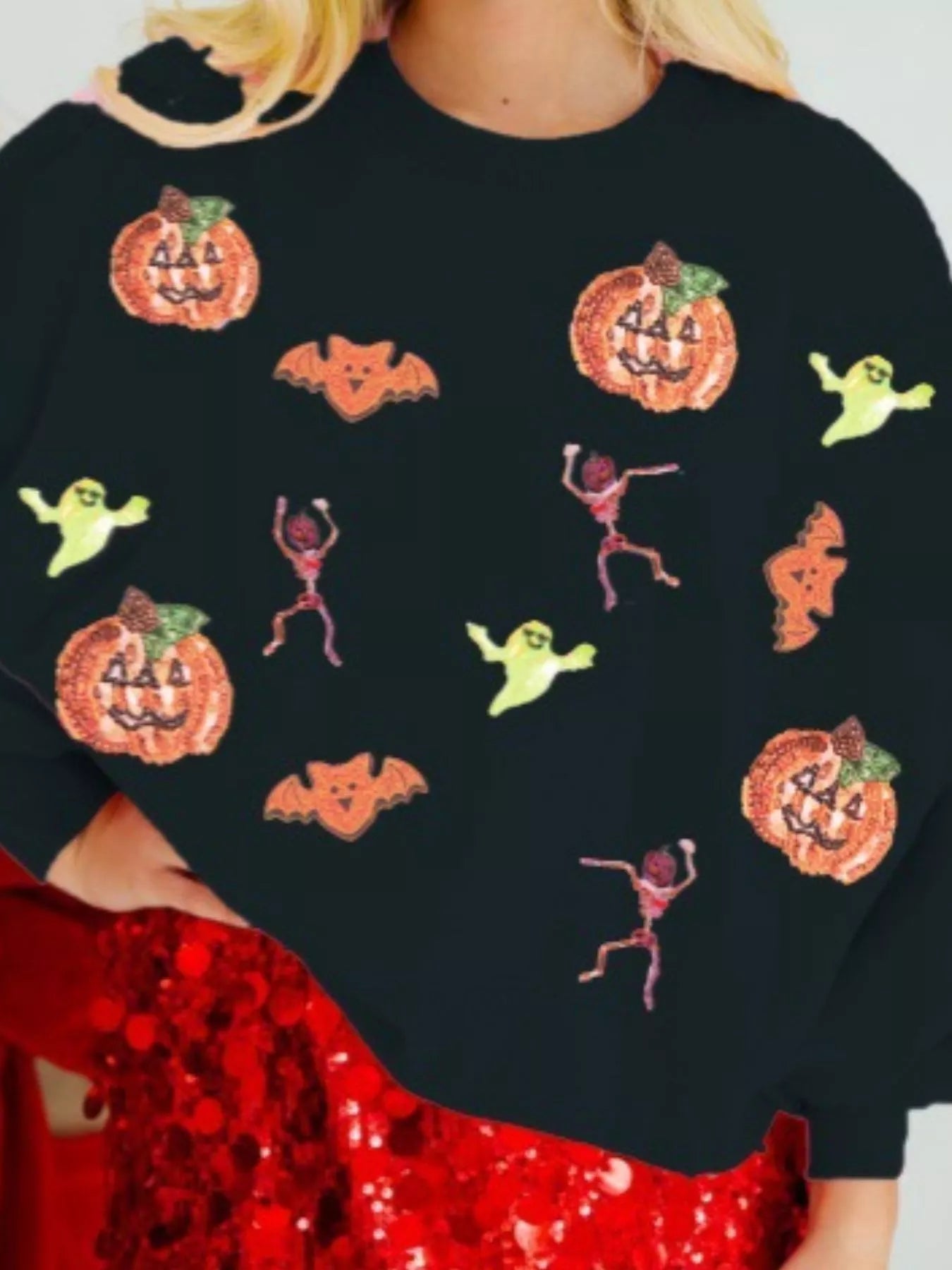 Halloween Women's Sweatshirt Sequin Round Neck Long Sleeve Pullover Orange 94c8609a-bbee-4589-a199-1a2bf31bbc10-Max-Origin Trendsi