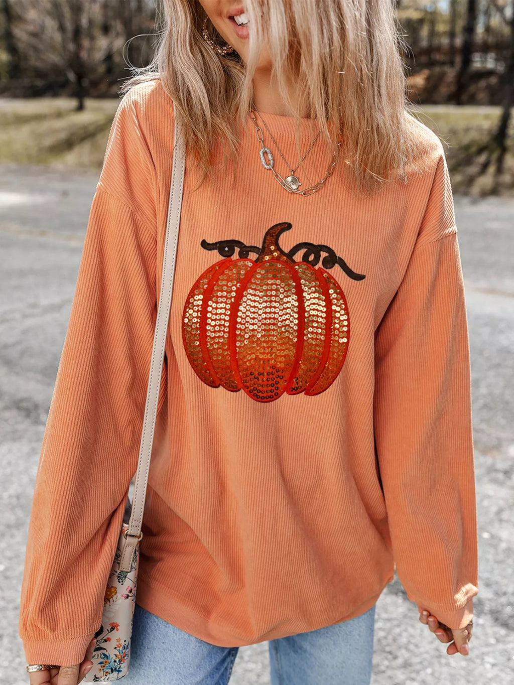 Women's Sweatshirt Halloween Sequined Pumpkin Ribbed Round Neck Top 94e77d61-ac83-48c7-9ee3-05987b5a6897-Max-Origin Trendsi