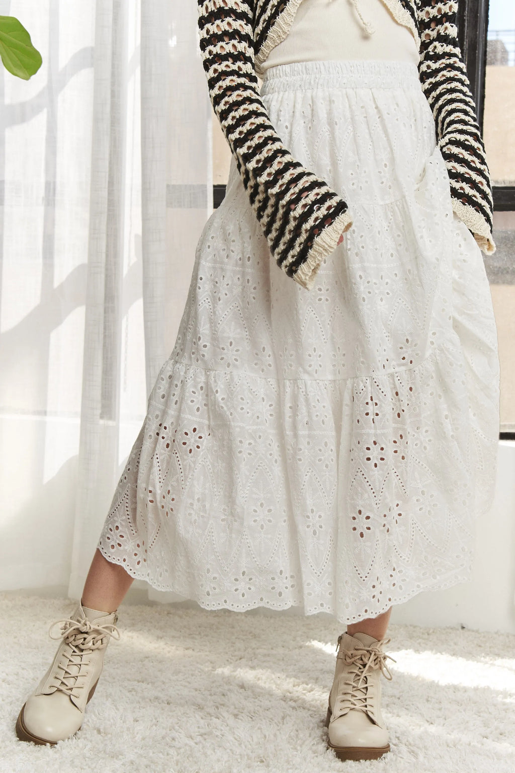 ADORA Midi Skirt White Chrochet Eyelet Elastic Waistband Tiered