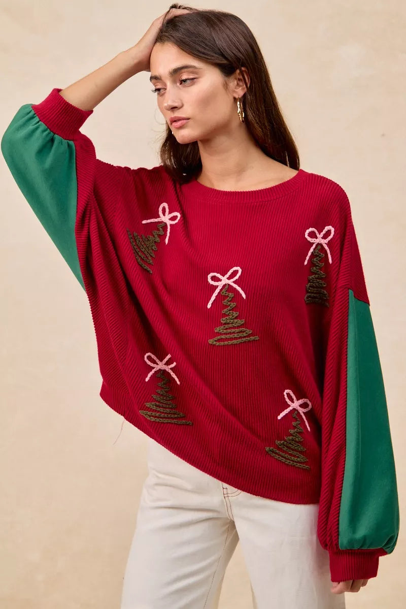 BiBi Womens Sweater Christmas Theme Tree Embroidered Red Pullover 94f19de549b344959ba5f5fe0b665ecd-Max-Origin Trendsi