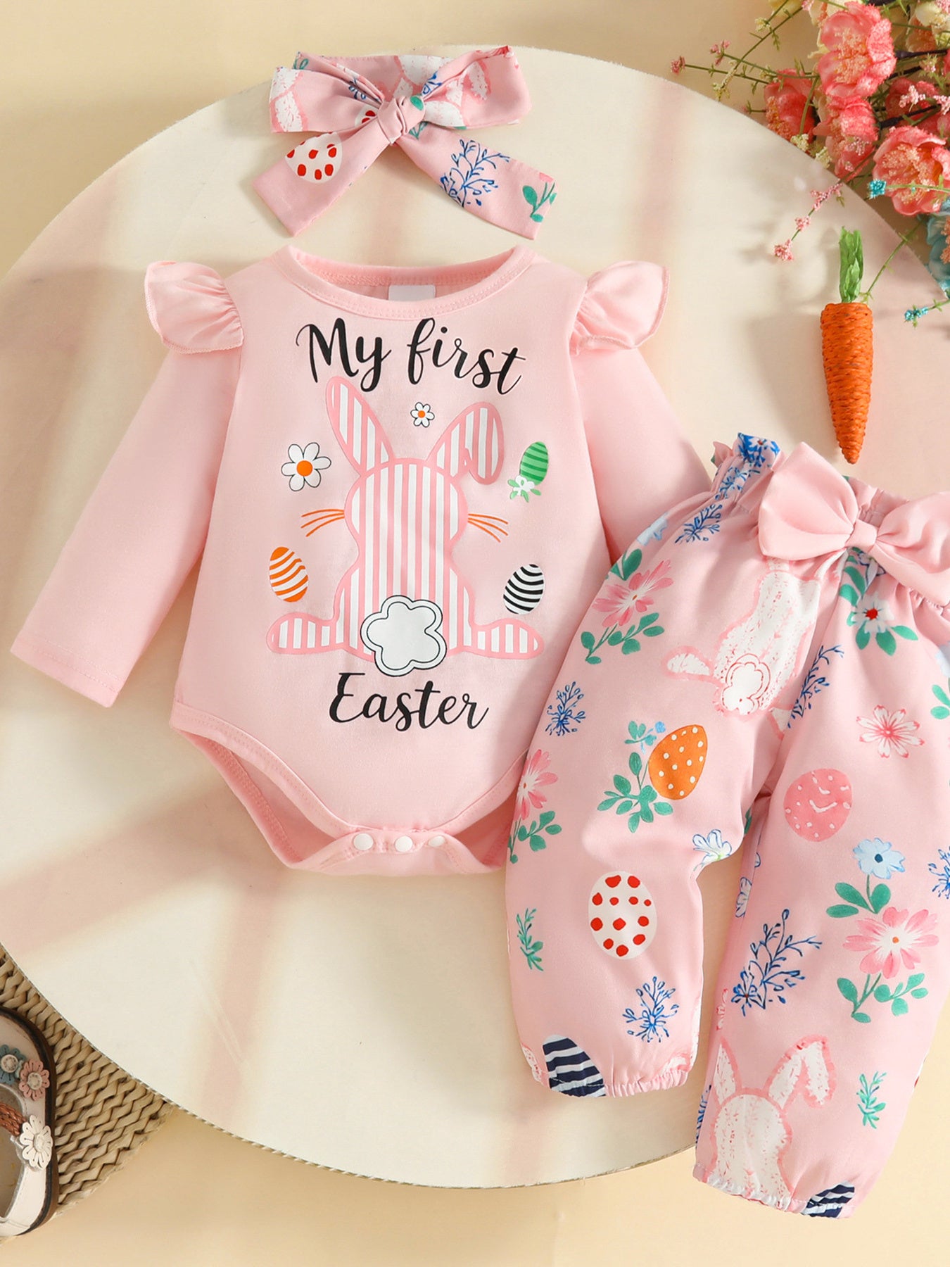 Children's Easter Bunny Long Sleeve Bodysuit and Pants Set with Headband