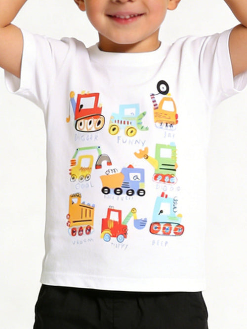 Children's Cartoon Construction Vehicle Crew Neck T-Shirt