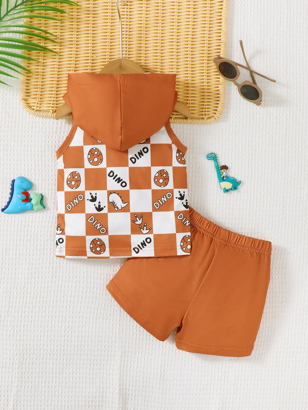 Children's Boy Set Dinosaur Checkered Sleeveless Hooded Top and Shorts 2 Pcs 94fa9e32-a2ed-46cd-82d1-0833053504e1-Max-Origin Trendsi