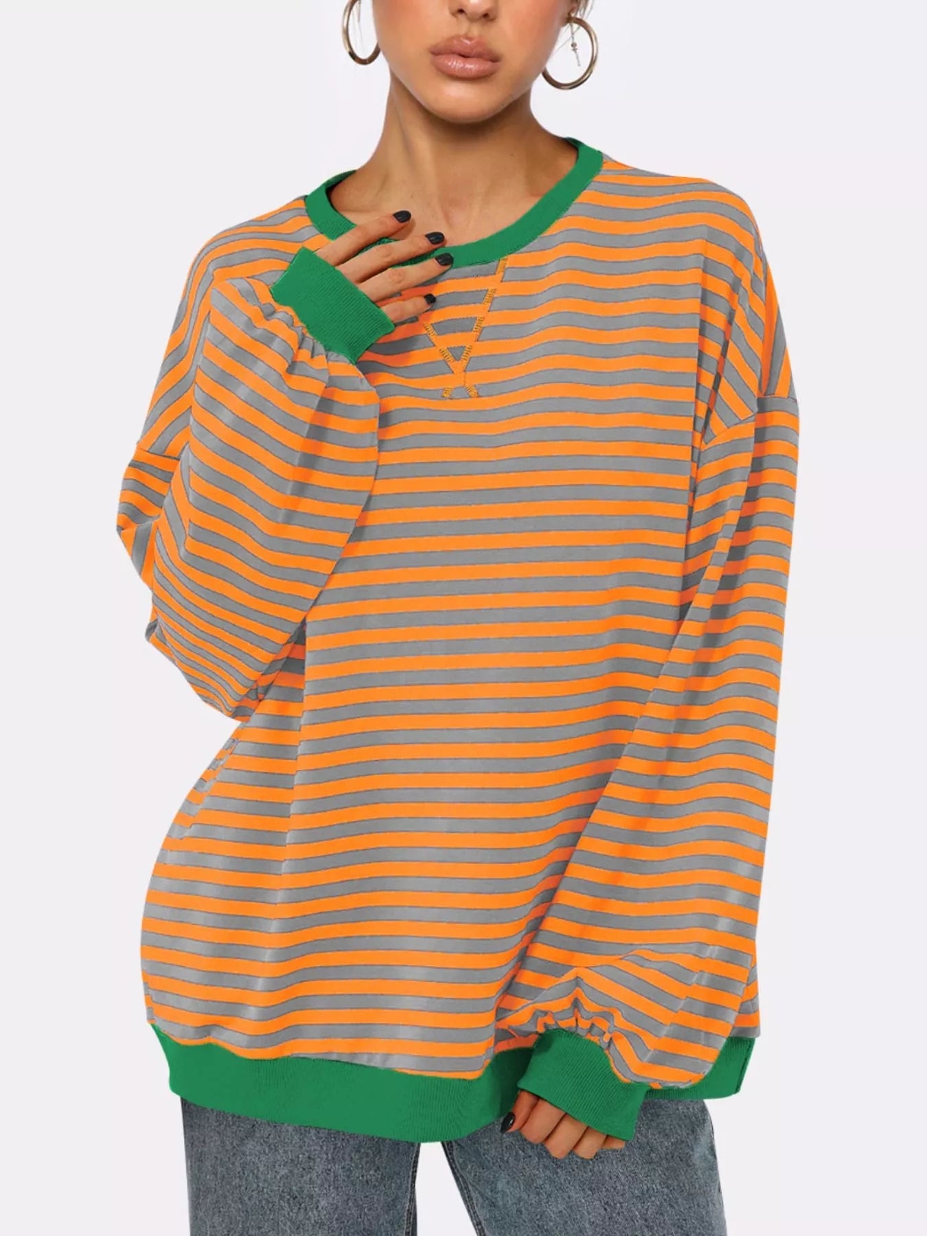 Women's Sweatshirt Striped Round Neck Long Sleeve Oversized Ribbed 95046393-5e55-43ac-a363-d3eb891acbf7-Max-Origin Trendsi