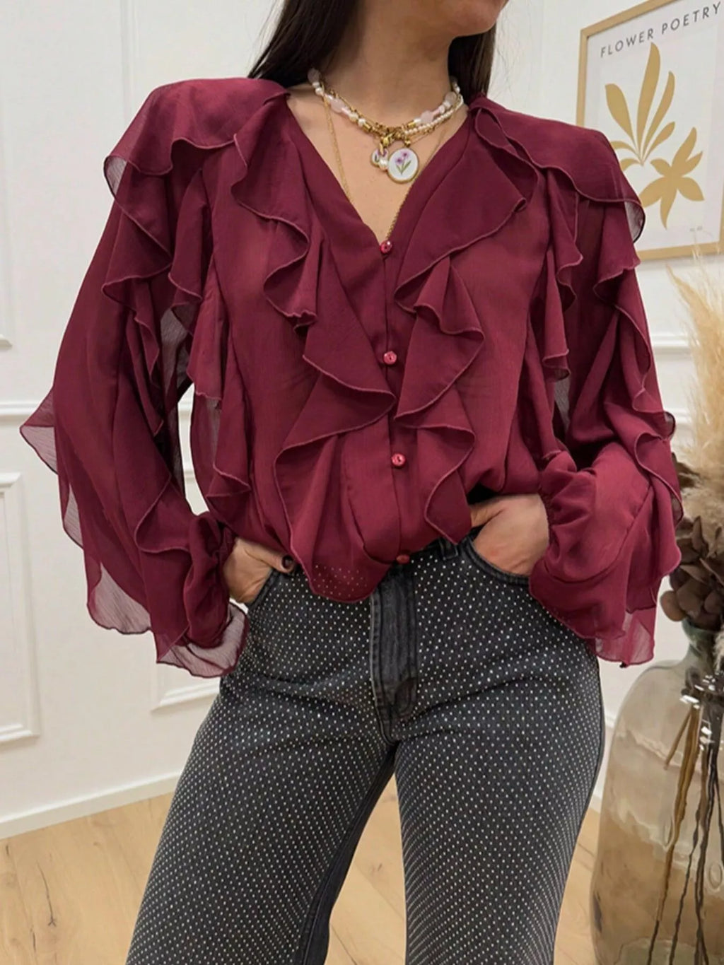 Womens Blouse Ruffled Layered Sheer Long Sleeve Top Burgundy 9504e1b2-d6c6-4d1d-b818-53076b610014-Max-Origin Trendsi