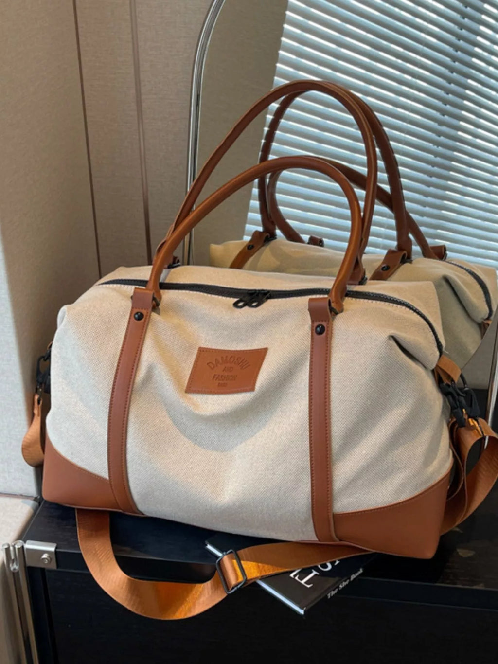 Travel Bag Canvas Leather Trim Large Handbags Brown One Size 9505d3b1-0bf5-435a-b494-d9f46539f8a8-Max-Origin Trendsi