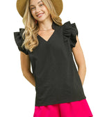 Umgee Textured Ruffle Sleeve V-Neck Blouse Women's Boho Top S-L Casual