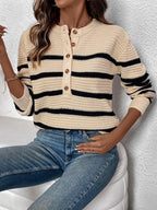 Perfee Striped Sweater Half Button Long Sleeve Knitwear 95169be9-d5d8-4811-8483-0861f07936ae-Max Trendsi