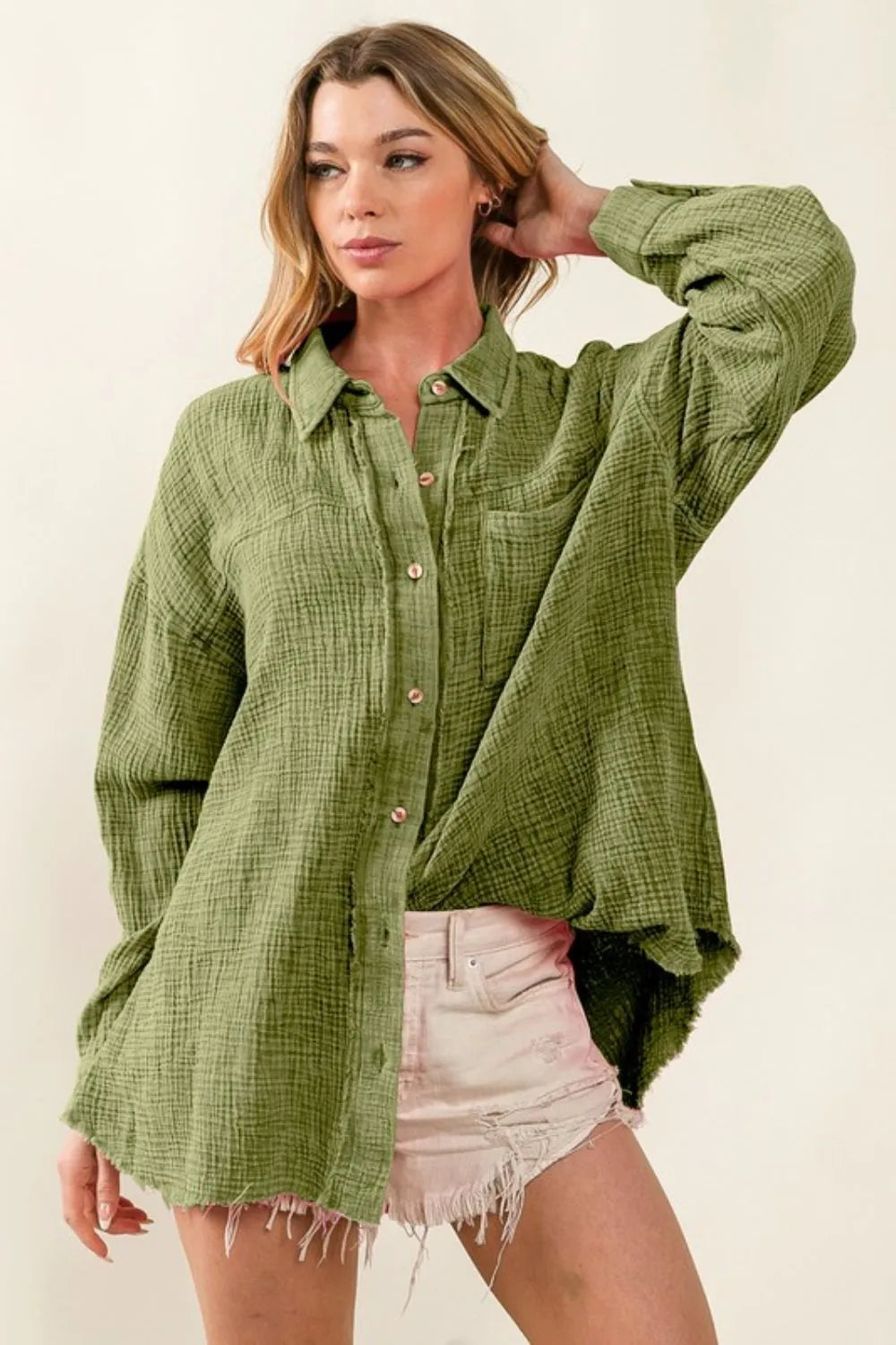 BiBi Shirt Raw Edge Detailed Mineral Washed Loose Fit Olive Oversized Top VINTAGE OLIVE 951d9a0d-e868-4ad9-a0ad-7e5c6f86e408-Max-Origin Trendsi