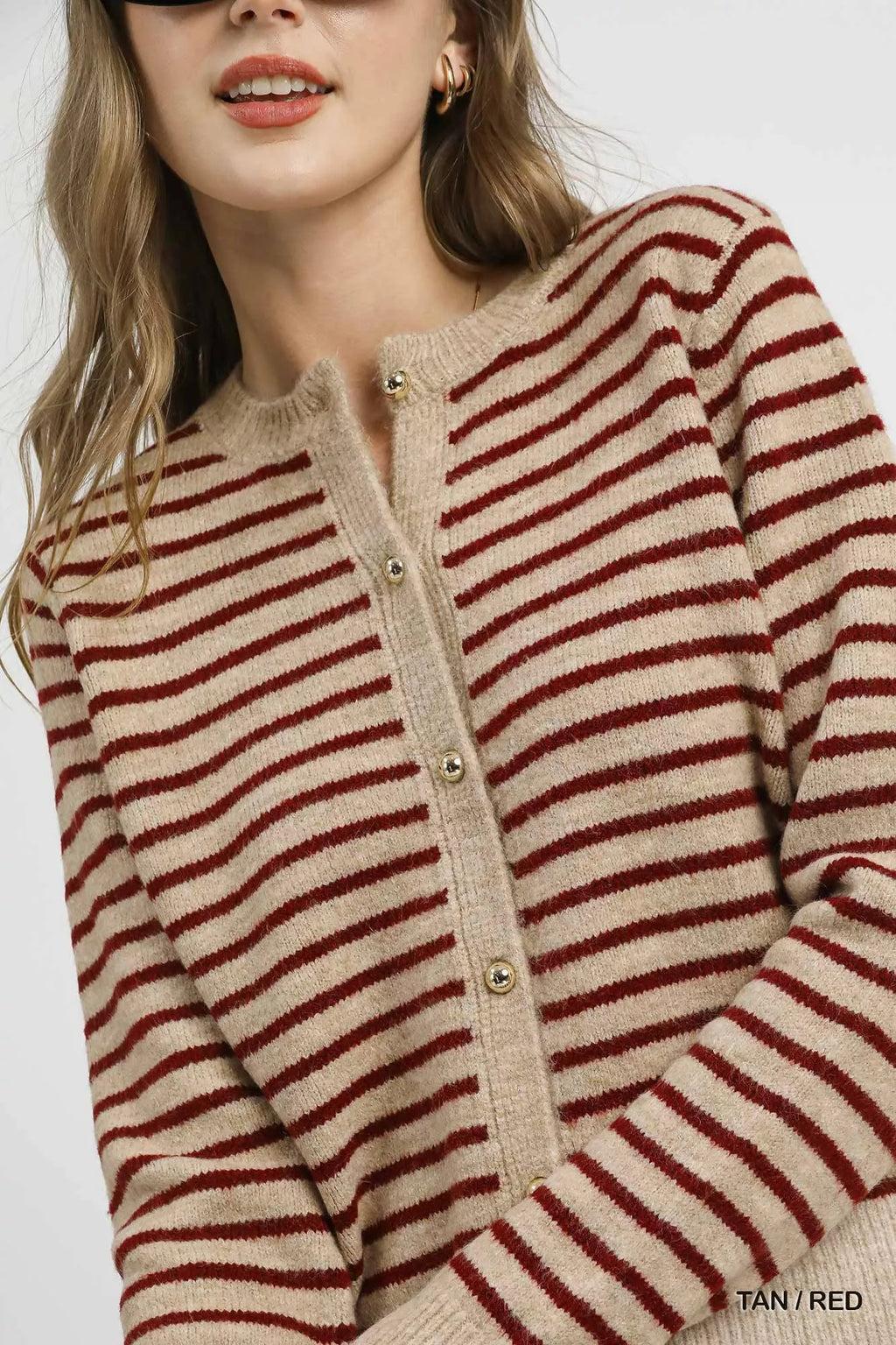 Umgee Women's Cardigan Tan Red Striped Button-Up Knit Sweater 951ed576-7905-4e23-afba-3e298428c9c6-Max-Origin Trendsi