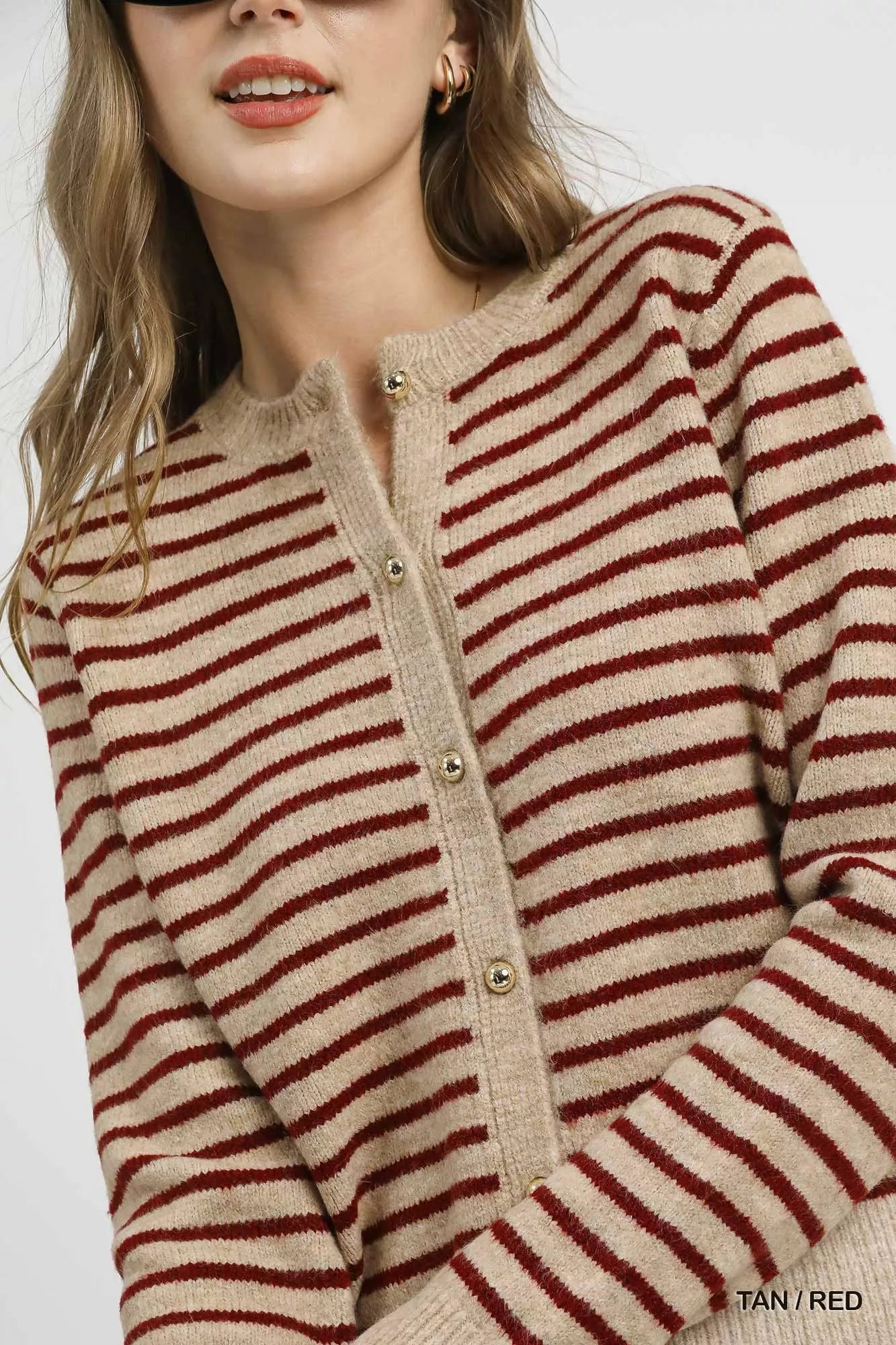Umgee Women's Cardigan Tan Red Striped Button-Up Knit Sweater 951ed576-7905-4e23-afba-3e298428c9c6-Max-Origin Trendsi