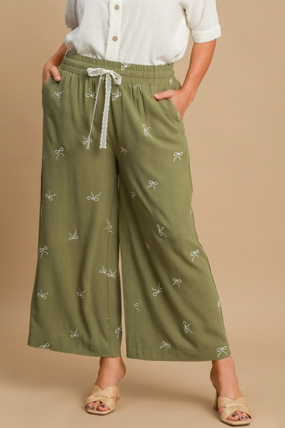 Umgee Linen Blend Pants Bow Embroidered Yellow Green Drawstring Wide Leg
