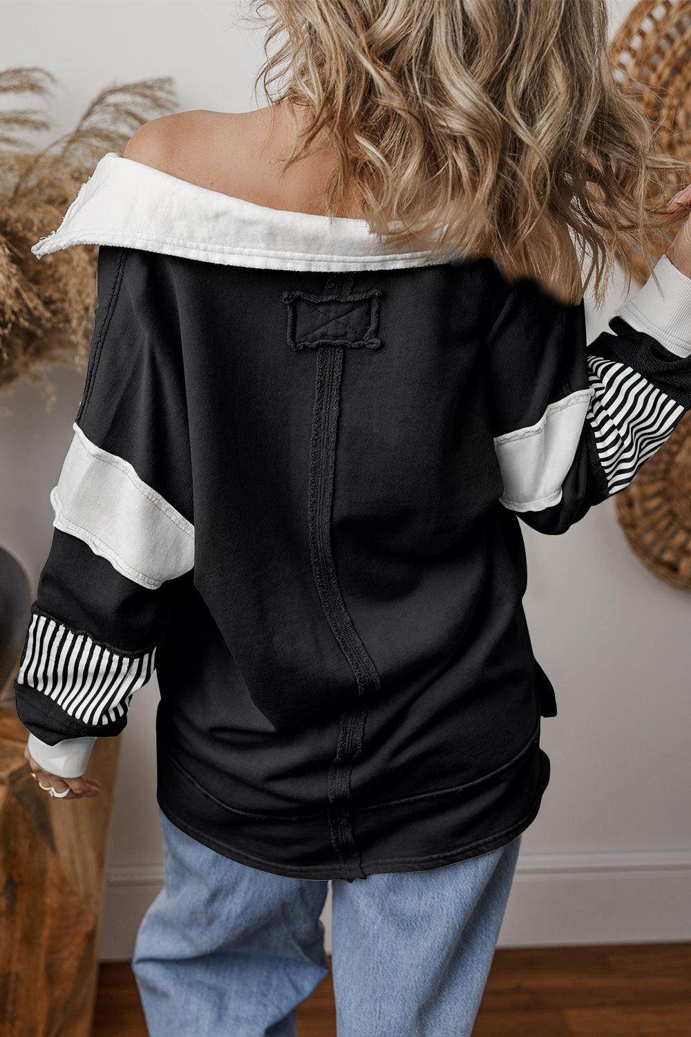 Collared Sweatshirt Striped V Neck Long Sleeve Top 9525670d-332c-45b7-abec-4c1137e26c4f-Max Trendsi